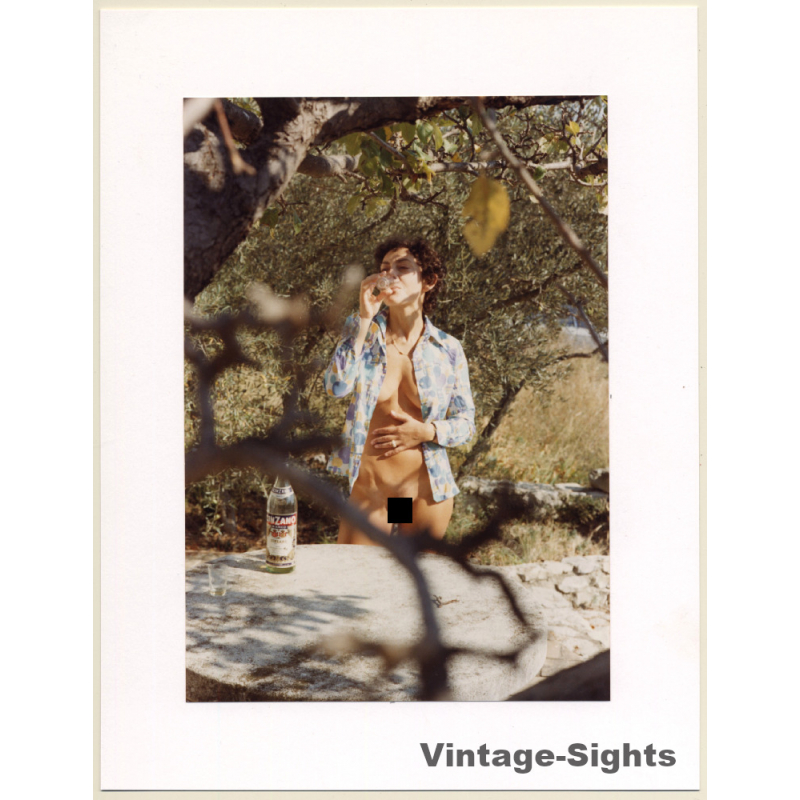 R.Folco: Slim Nude Female Drinking Cinzano Outdoors (Vintage Photo France 1980s)