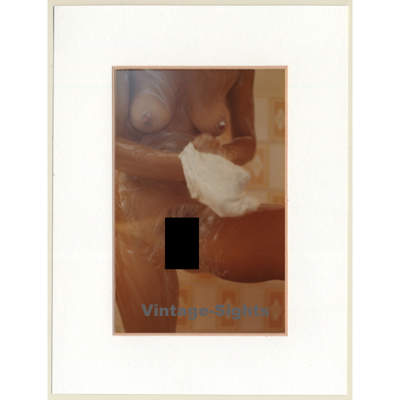 R.Folco: Artistic Nude Study - Showering Female With Tan Lines (Vintage Photo France 1980s)