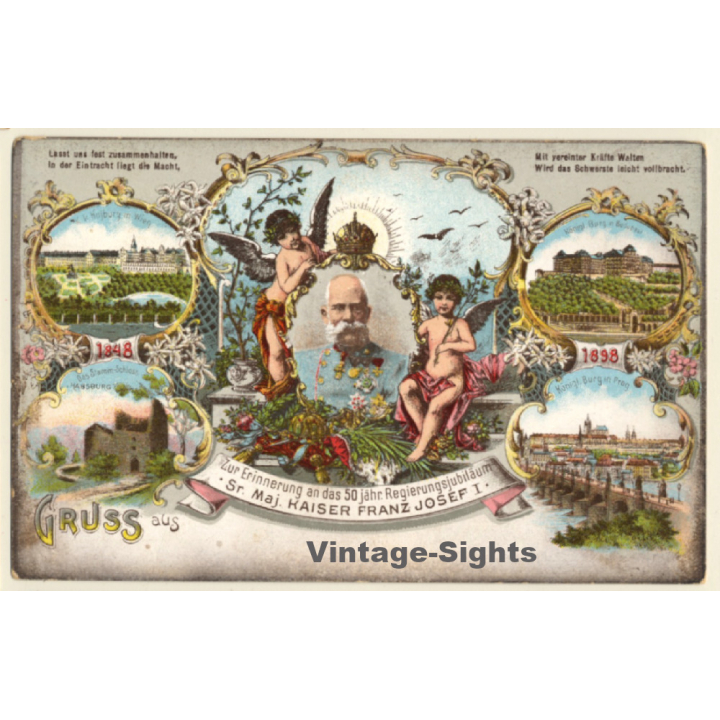50 Jähr. Regierungsjubiläum Kaiser Franz Josef I. (Vintage Litho PC 1898)