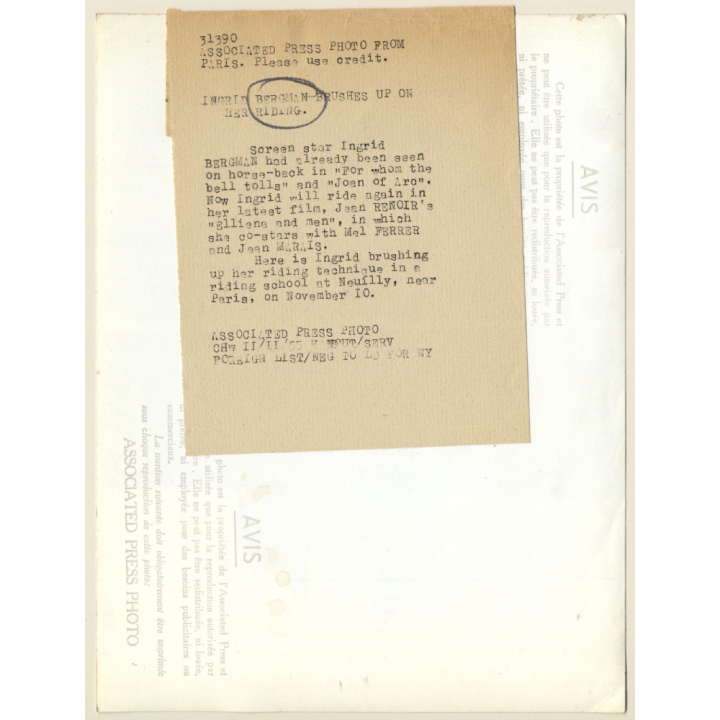 Ingrid Bergman On Horseback (Vintage Press Photo 1950s)