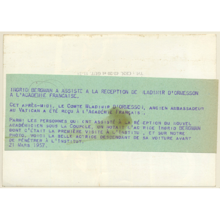 Ingrid Bergman In Front Of Car / L'Academie Francaise (Vintage Press Photo 1957)