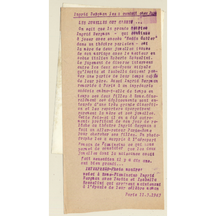 Ingrid Bergman With Twins Isabella & Isotta Rosselini (Vintage Press Photo 1963)