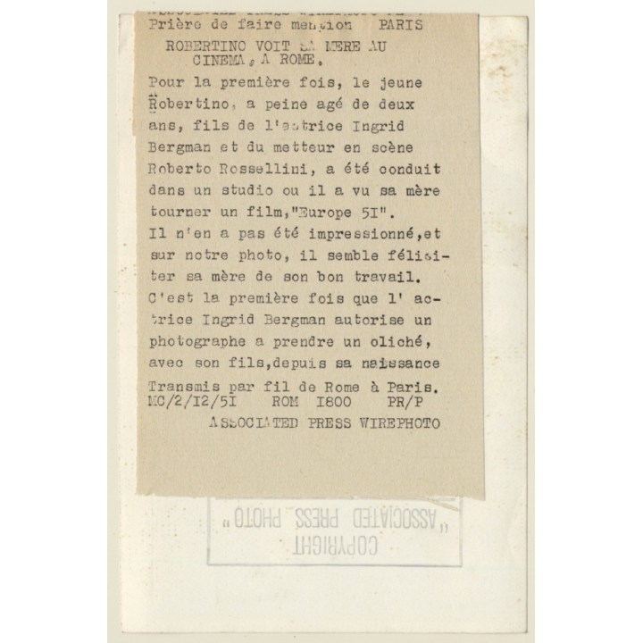 Ingrid Bergman & Her Son Robertino Rosselini (Vintage Press Photo 1951)