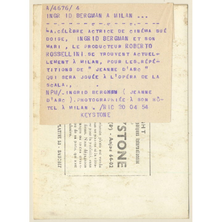 Ingrid Bergman A Milan (Vintage Press Photo 1954)