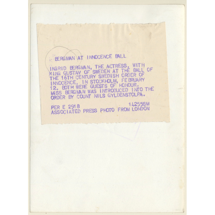 Ingrid Bergman & King Gustav Of Sweden / Innocence Ball (Vintage Press Photo 1955)