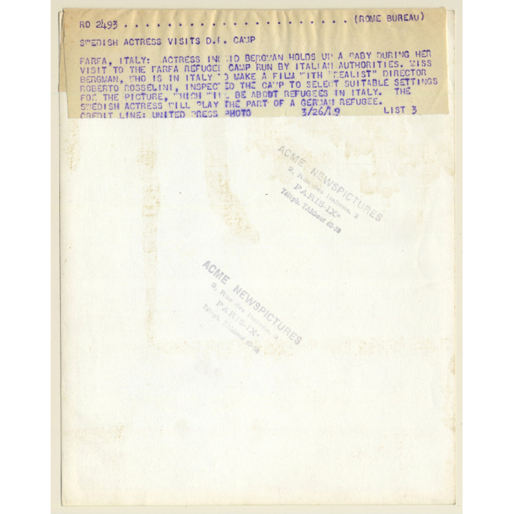 Ingrid Bergman Visits Farfa Refugee Camp (Vintage Press Photo 1949)