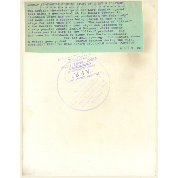 Ingrid Bergman At Opening Night Hubby's Oliver / Lars Schmidt (Vintage Press Photo 1961)