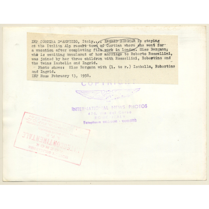 Ingrid Bergman & Kids: Robertino, Isotta & Isabella (Vintage Press Photo 1958)