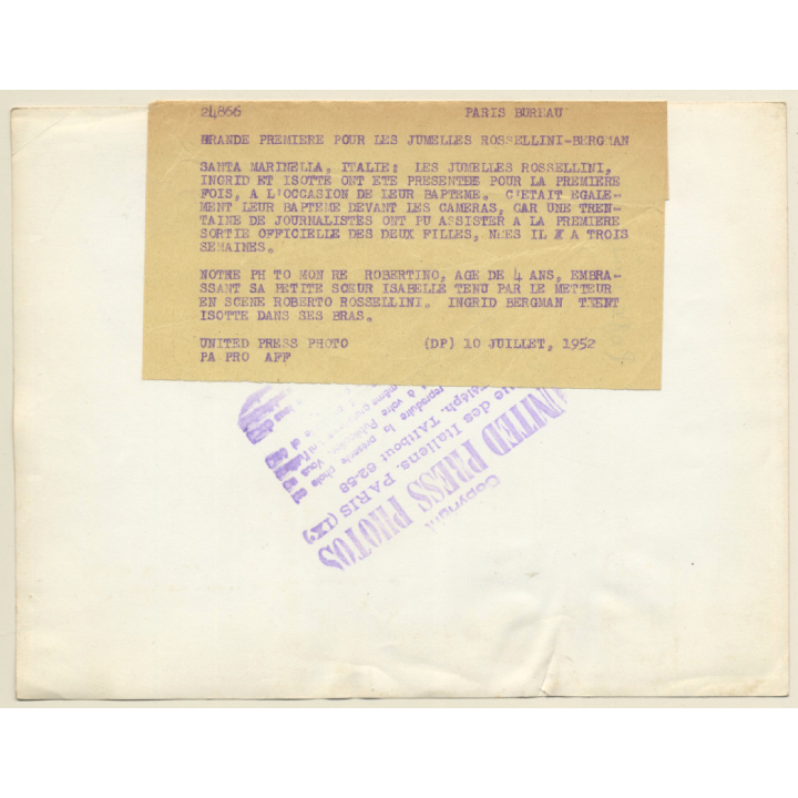 Ingrid Bergman & Roberto Rosselini At Baptizm Of Twins (Vintage Press Photo 1952)