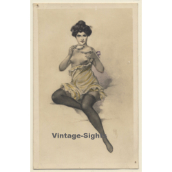 Pretty Semi Nude Drinks Tea & Flashes Boobs / Boudoir - Risqué (Vintage Artist PC ~1910s/1920s)