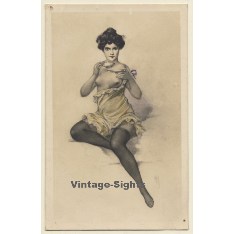 Pretty Semi Nude Drinks Tea & Flashes Boobs / Boudoir - Risqué (Vintage Artist PC ~1910s/1920s)