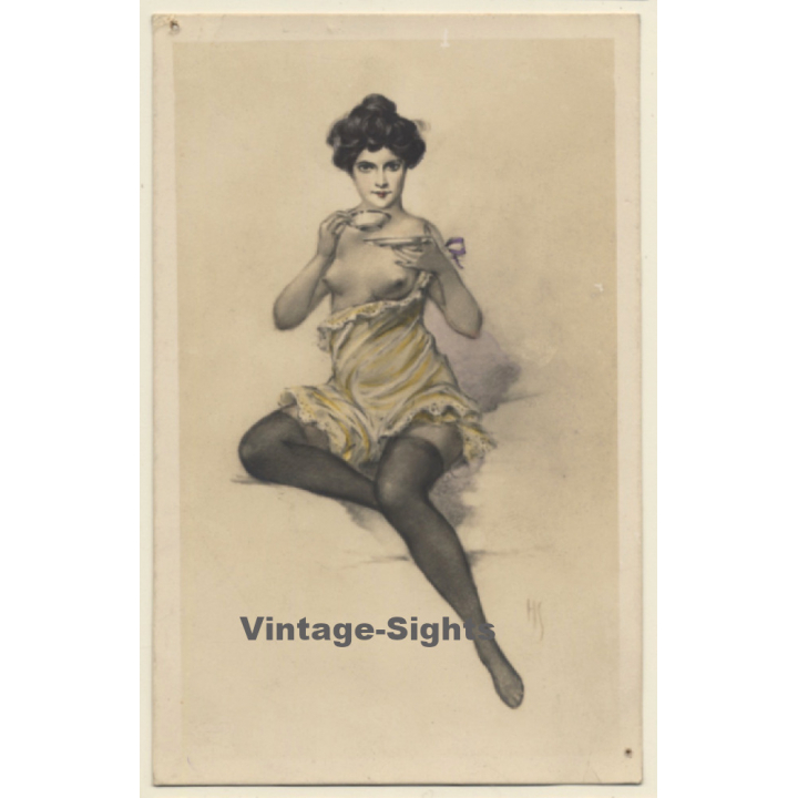 Pretty Semi Nude Drinks Tea & Flashes Boobs / Boudoir - Risqué (Vintage Artist PC ~1910s/1920s)