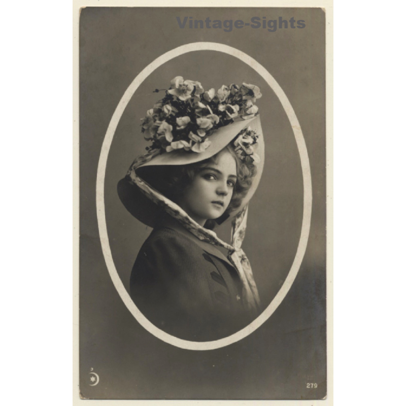 Nice Portrait Of Young Girl With Fancy Flower Hat (Vintage Hand Tinted RPPC 1910s)