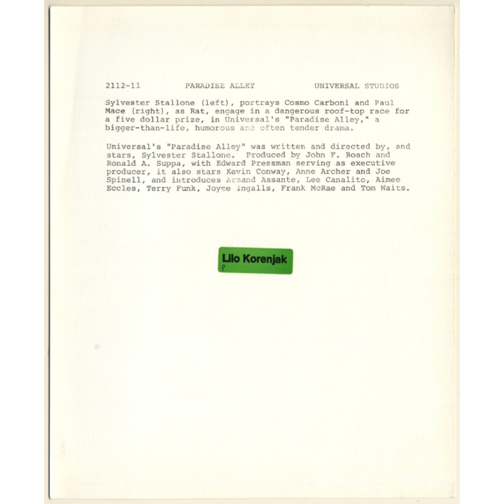 Sylvester Stallone & Paul Mace: Paradise Alley / Movie Still (Vintage Photo 1978)