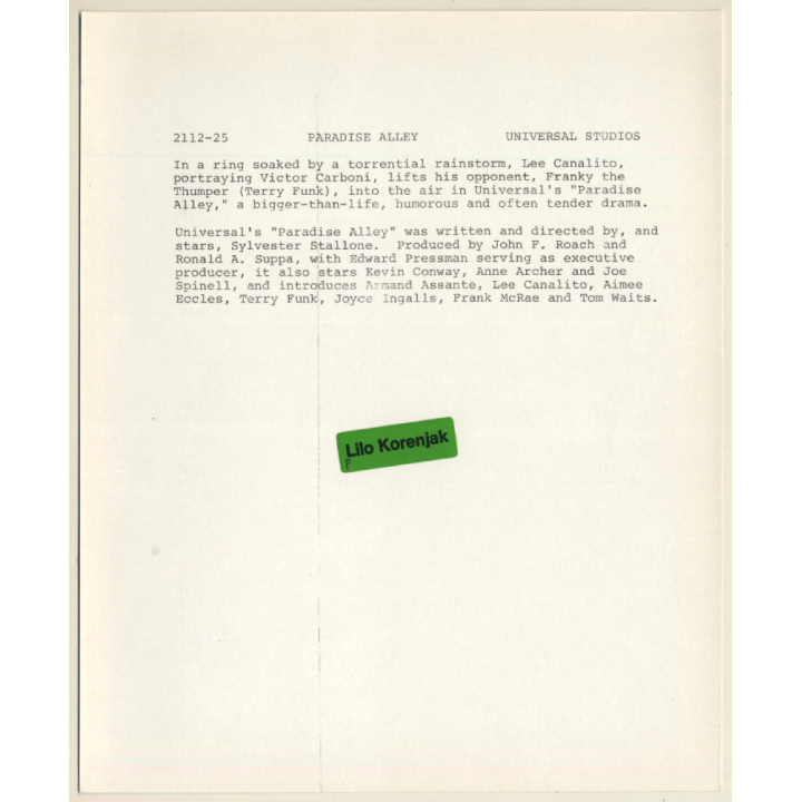 Lee Canalito & Terry Funk: Paradise Alley / Movie Still - Wrestling (Vintage Photo 1978)