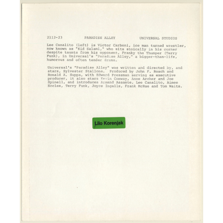 Lee Canalito & Victor Canalito: Paradise Alley / Movie Still - Wrestling (Vintage Photo 1978)