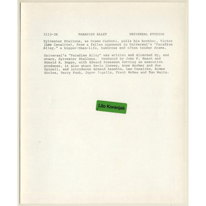 Sylvester Stallone & Lee Canalito: Paradise Alley / Movie Still - Wrestling (Vintage Photo 1978)