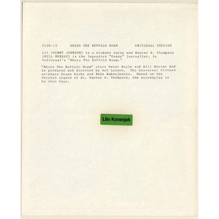 Sunny Johnson & Bill Murray: Where The Buffalo Roam / Movie Still (Vintage Photo 1980)