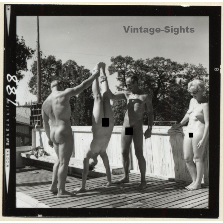 Nudists Doing Gymnastics Outdoors / Handstand (Vintage Contact Sheet Photo 1980s)