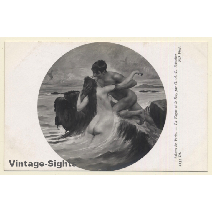 G.A.L.Boisselier - La Vague Et Le Roc: Salons De Paris / Nude Couple (Vintage RPPC 1910s)
