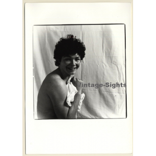 Artistic Erotic Study: Female Curlyhead With Freckles*3 / Smile (Vintage Photo France B/W ~1980s)