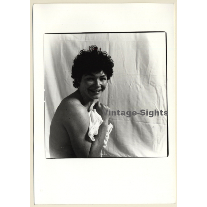 Artistic Erotic Study: Female Curlyhead With Freckles*3 / Smile (Vintage Photo France B/W ~1980s)