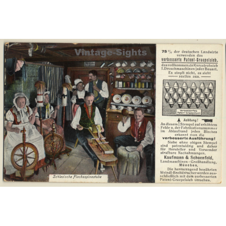 Schlesische Flachsspinnstube - Tracht - Graepelsieb / Traditional Costume (Vintage PC ~1920s/1930s)