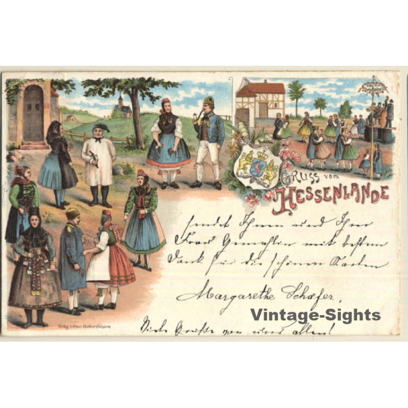 Gruss Vom Hessenlande / Tracht - Traditional Costume (Vintage Litho PC 1897)
