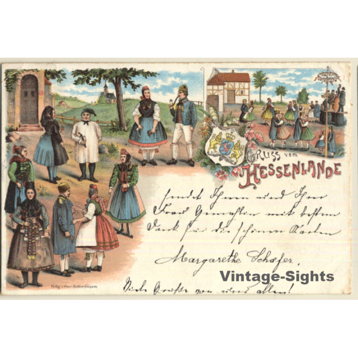 Gruss Vom Hessenlande / Tracht - Traditional Costume (Vintage Litho PC 1897)