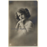 Portrait Of Pensive Brunette Girl In White Dress (Vintage RPPC 1916)