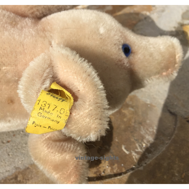 Vintage Steiff Jolanthe Pig Running BUTTON & TAG 1317,08..1960s Blue Glass Eyes
