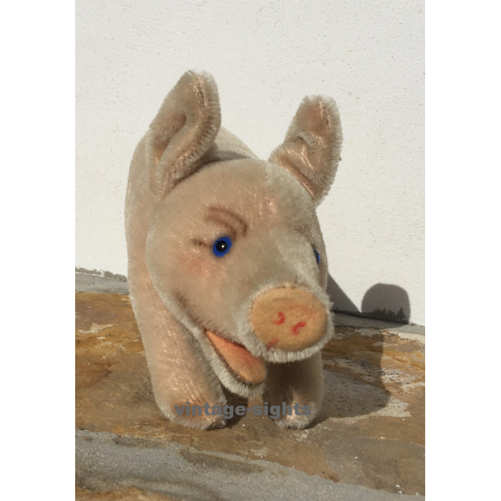 Vintage Steiff Jolanthe Pig Running BUTTON & TAG 1317,08..1960s Blue Glass Eyes