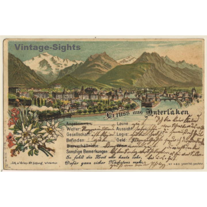 Schwitzerland: Gruss Aus Interlaken (Vintage PC Litho 1905)