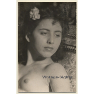 Portrait Of Pretty Brunette Nude With Flower In Hair (Vintage RPPC ~1920s/1930s)