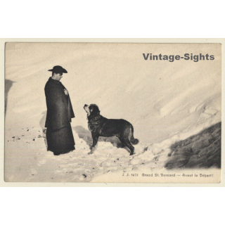Grand St. Bernard - Avant Le Départ / Mönch & Bernhardiner (Vintage PC ~1920s)