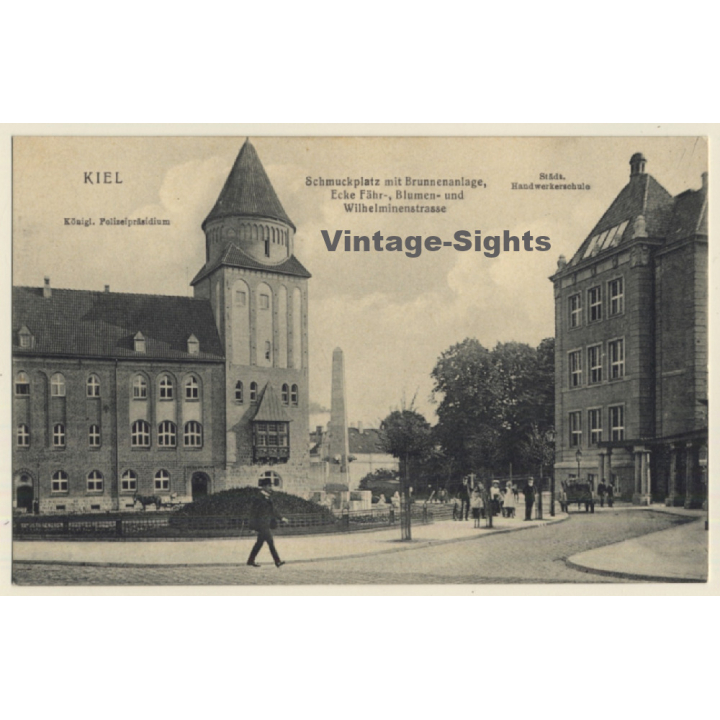 Kiel: Polizeipräsidum - Schmuckplatz - Handwerkerschule (Vintage PC 1908)