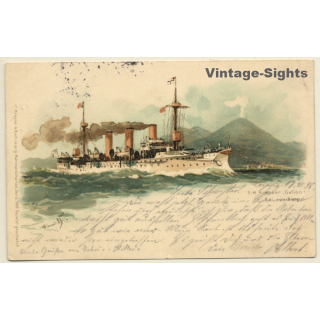 S.M. Kreuzer Gefion - Bai Von Neapel / Vesuv (Vintage PC 1898)