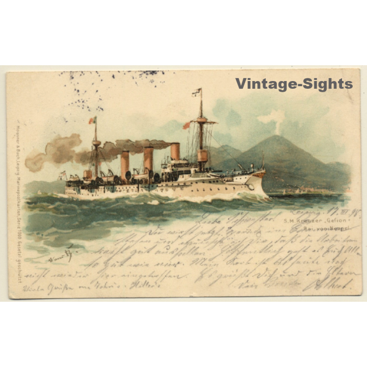 S.M. Kreuzer Gefion - Bai Von Neapel / Vesuv (Vintage PC 1898)