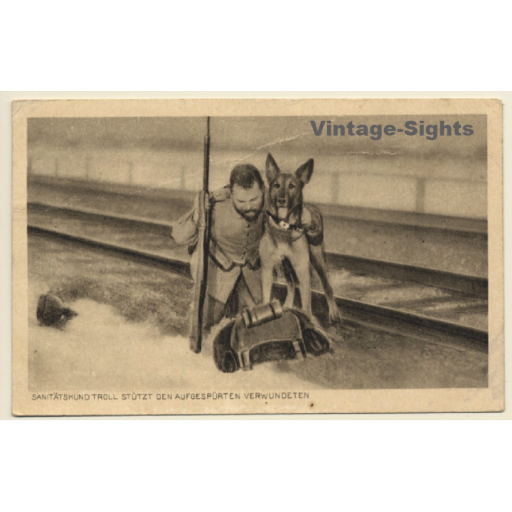 Rotes Kreuz: Sanitätshund Troll & Verwundeter (Vintage PC ~1915)