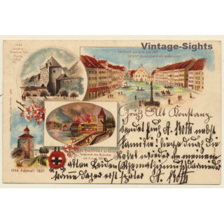 Konstanz: Schänzli - Brand Rheinbrücke - Wasserstand (Vintage PC Litho 1901)