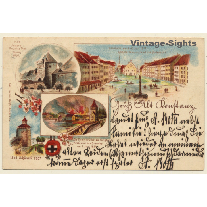 Konstanz: Schänzli - Brand Rheinbrücke - Wasserstand (Vintage PC Litho 1901)