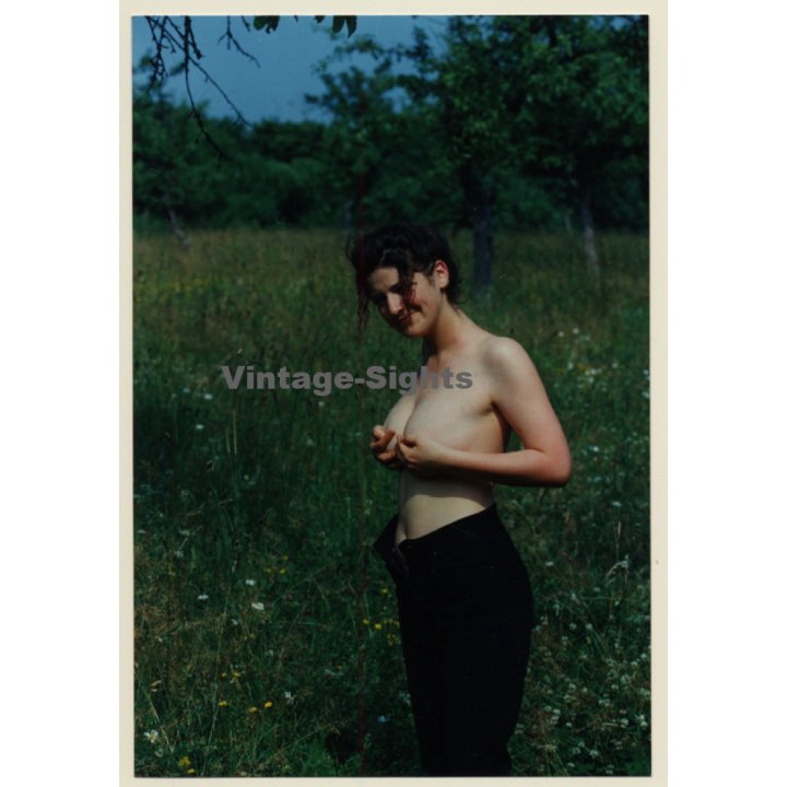 Topless Darkhaired Semi Nude Holds Breasts Outdoors (Vintage Photo ~1990s)