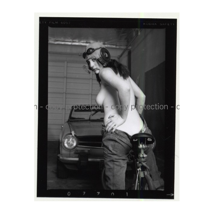Semi Nude Female Biker In Front Of Triumph TR6 / 4 (Vintage Contact Sheet Photo 1970s)