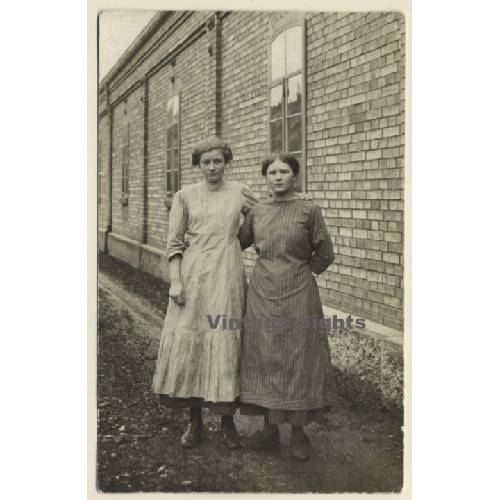 Great Take Of 2 Young German Females In Striped Dresses (Vintage RPPC ~1910s)