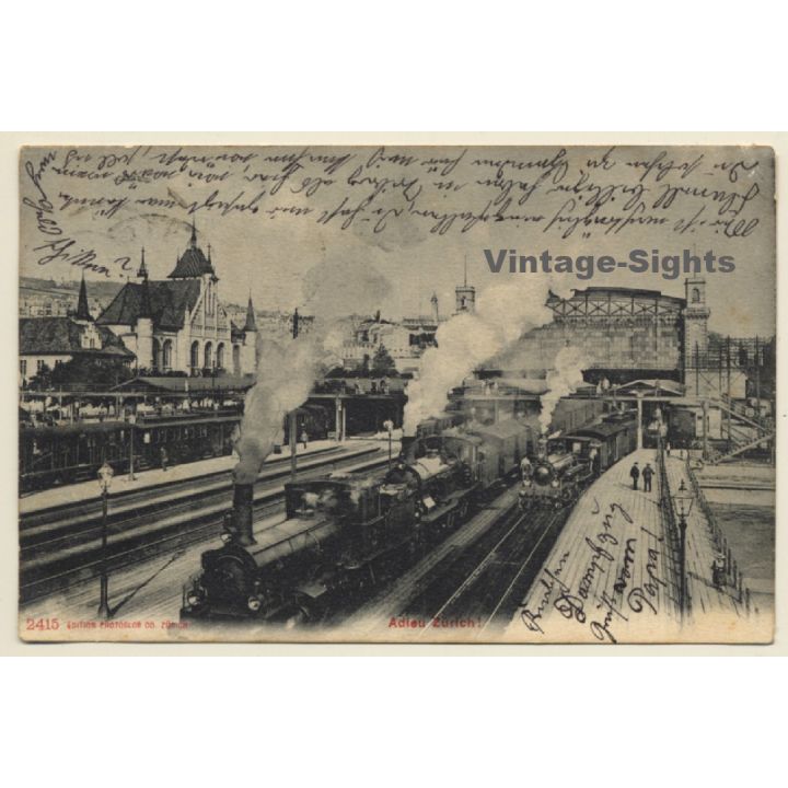 Switzerland: Adieu Zürich! / Train Station - Steam Locomotive (Vintage PC 1906)