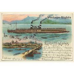 Mainz: Dampfschiff Wilhelm / Binnenschifffahrt (Vintage PC Litho 1901)