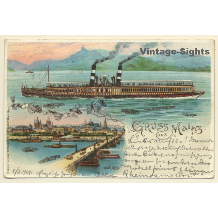 Mainz: Dampfschiff Wilhelm / Binnenschifffahrt (Vintage PC Litho 1901)
