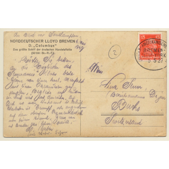 Norddeutscher Lloyd Bremen: Dampfer Columbus (Vintage PC 1927)