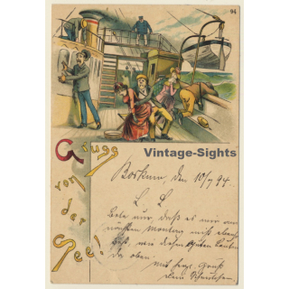 Gruss Von Der See / Seasick People On Steamer (Vintage PC Litho 1894)
