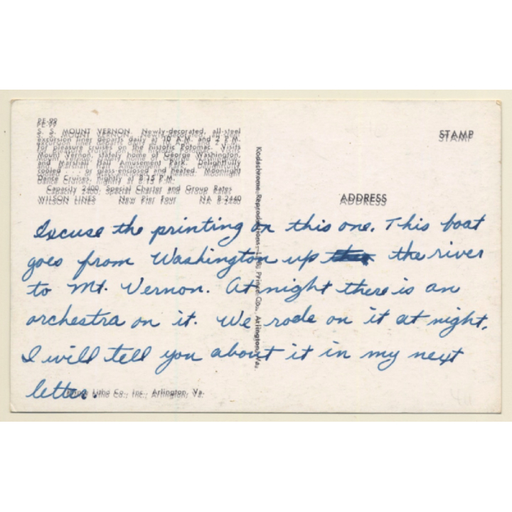 S.S. Mount Vernon Excursion Cruiser / Wilson Line (Vintage PC 1950s/1960s)